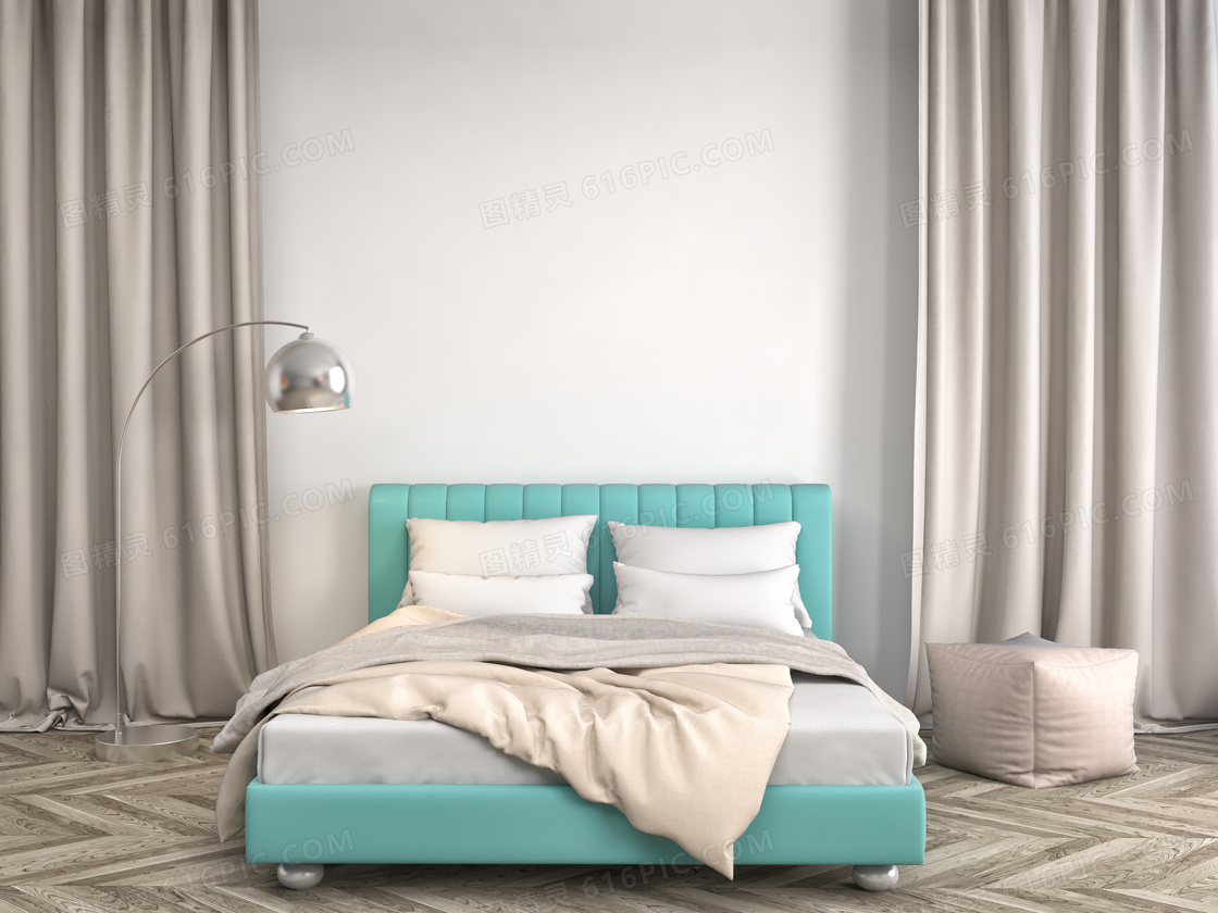 卧室双人床落地灯内景陈设高清图片