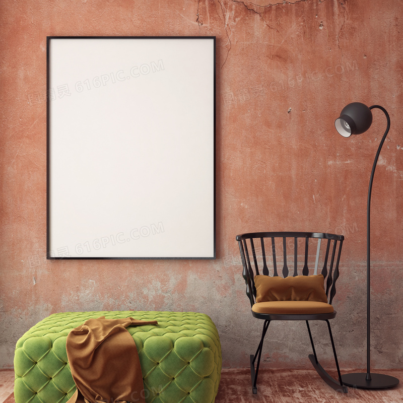 椅子沙发凳与空白挂画创意高清图片
