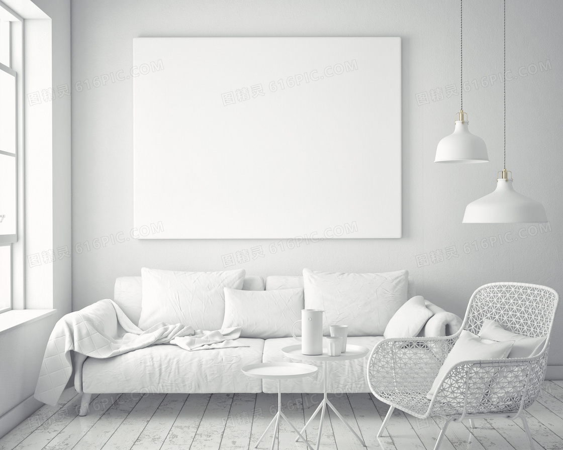 椅子沙发吊灯与空白无框画高清图片