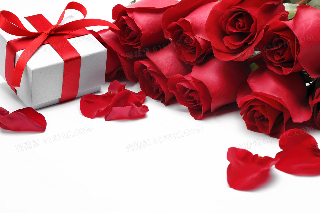 玫瑰花与礼物盒等特写摄影高清图片