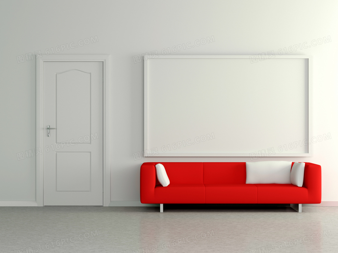 红色沙发与白色的房门摄影高清图片