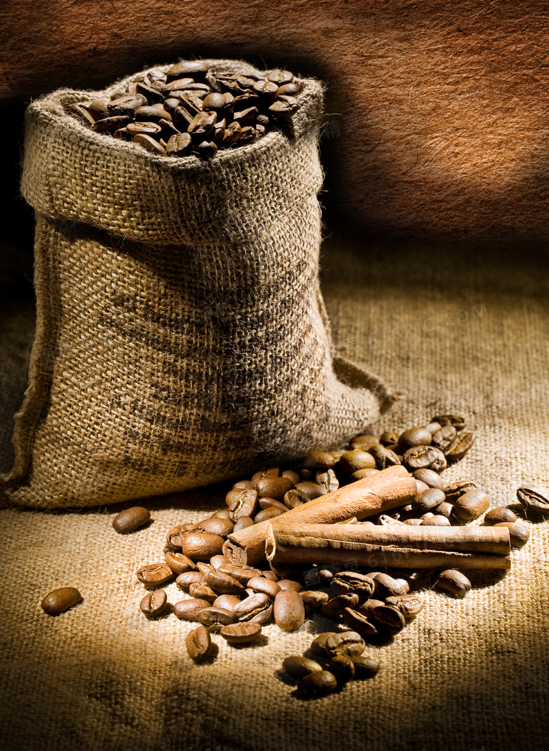 桂皮与卖呆装起来的咖啡豆高清图片