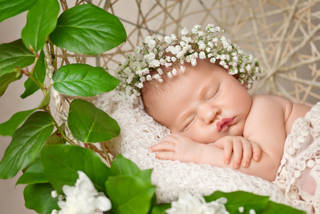 头戴花环在睡觉的宝宝摄影高清图片