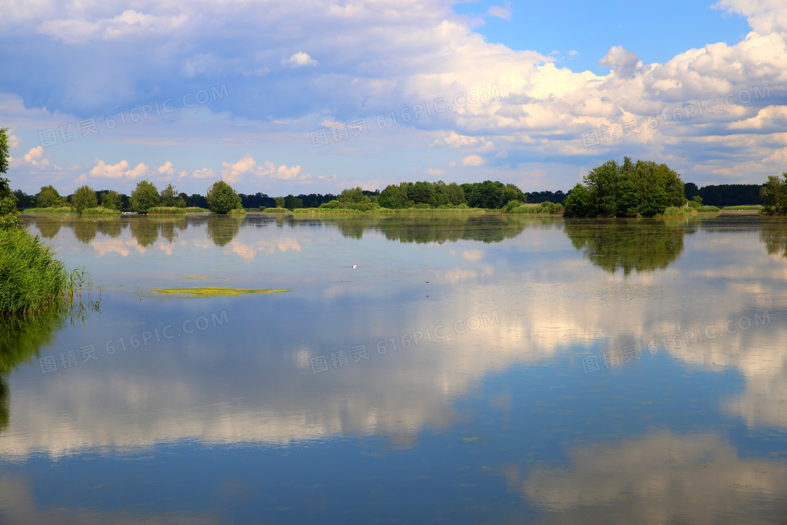树丛湖景与空中的云彩摄影高清图片