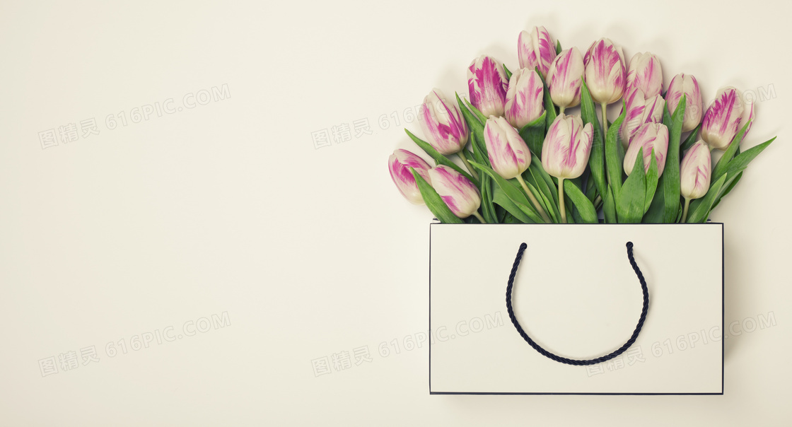 手提袋里的郁金香鲜花摄影高清图片