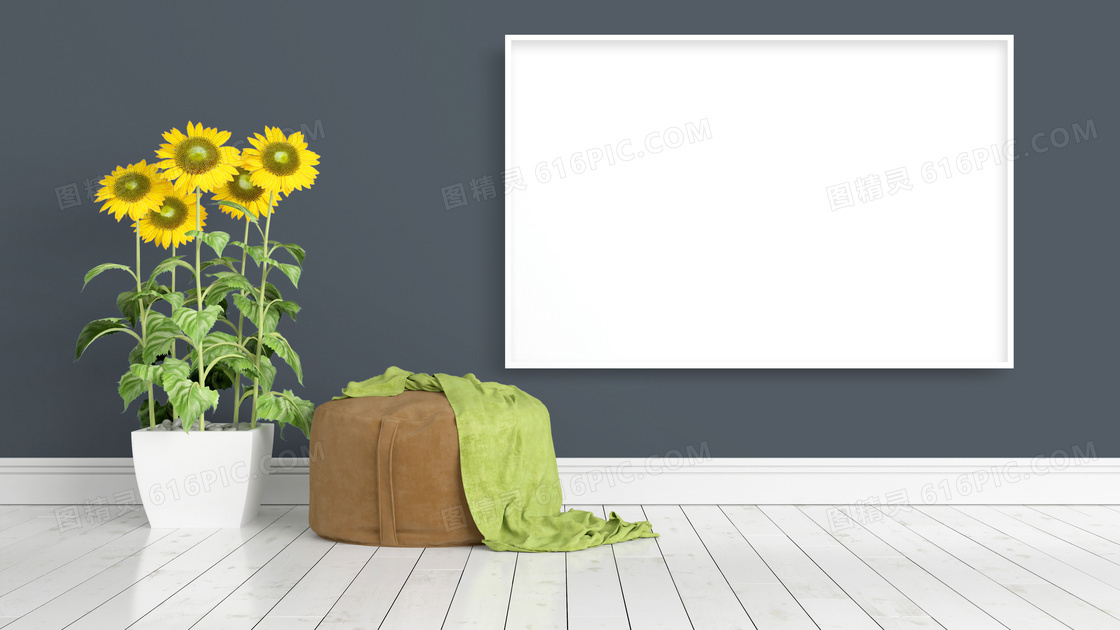 向日葵与墙上空白画框创意高清图片