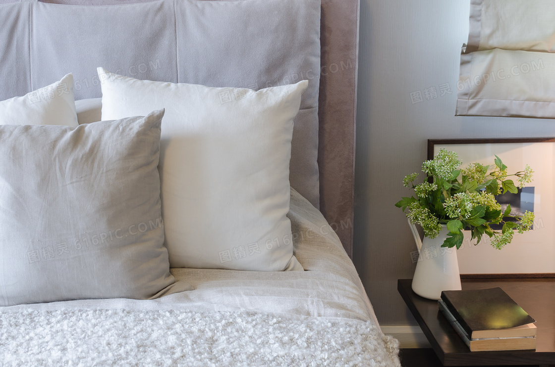 花瓶植物与在床头上的枕头高清图片