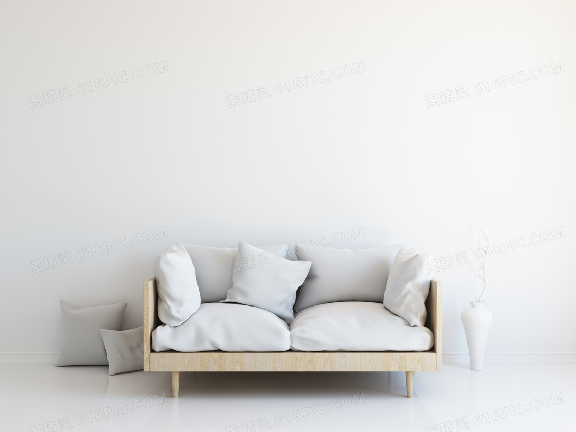 枕头沙发与干枝装饰品渲染效果图片