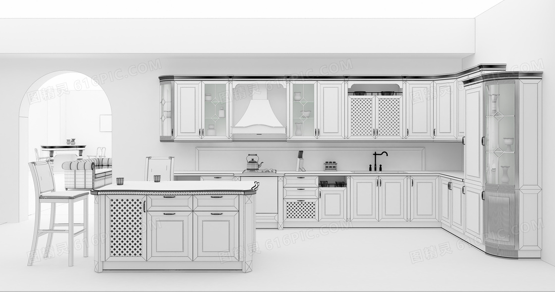 大空间开放式厨房渲染效果高清图片