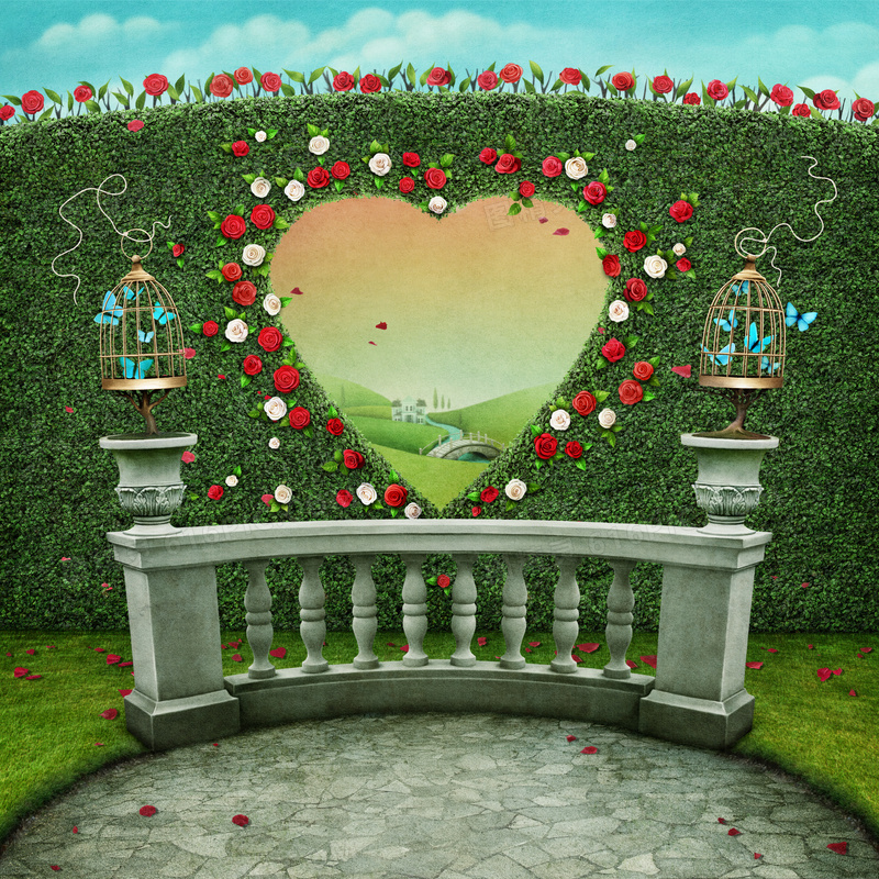 笼子与心形玫瑰花墙等创意高清图片