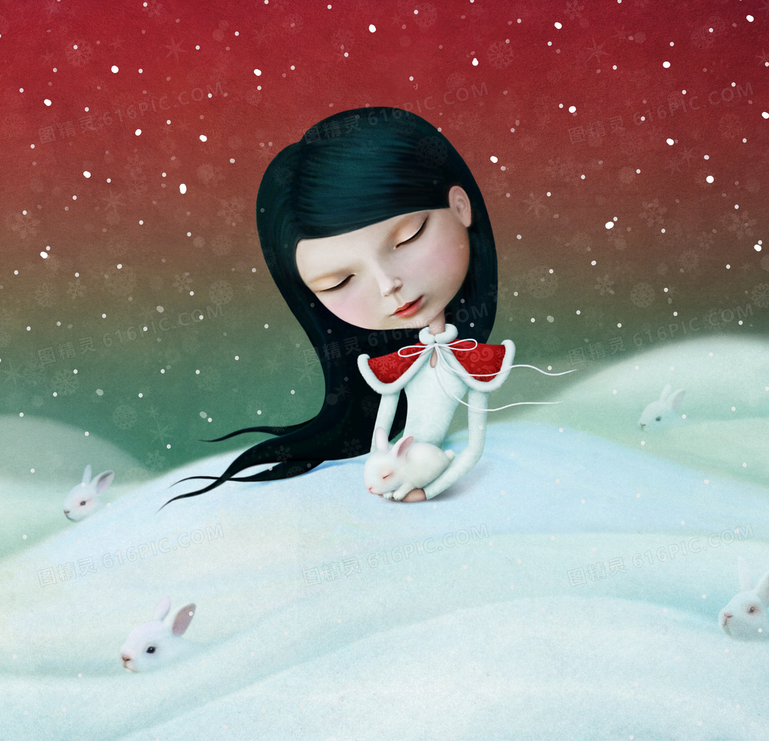 在雪中的小白兔与黑发女孩插画图片