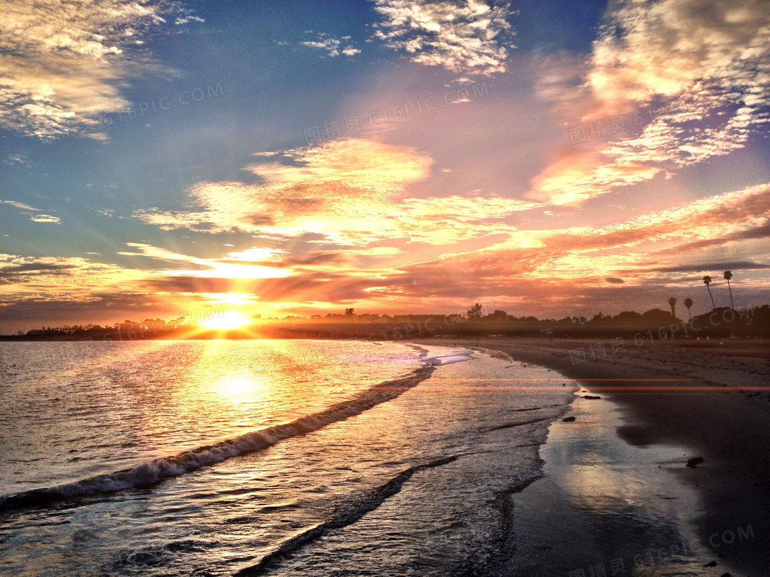 夕阳霞光下的大海风景摄影高清图片
