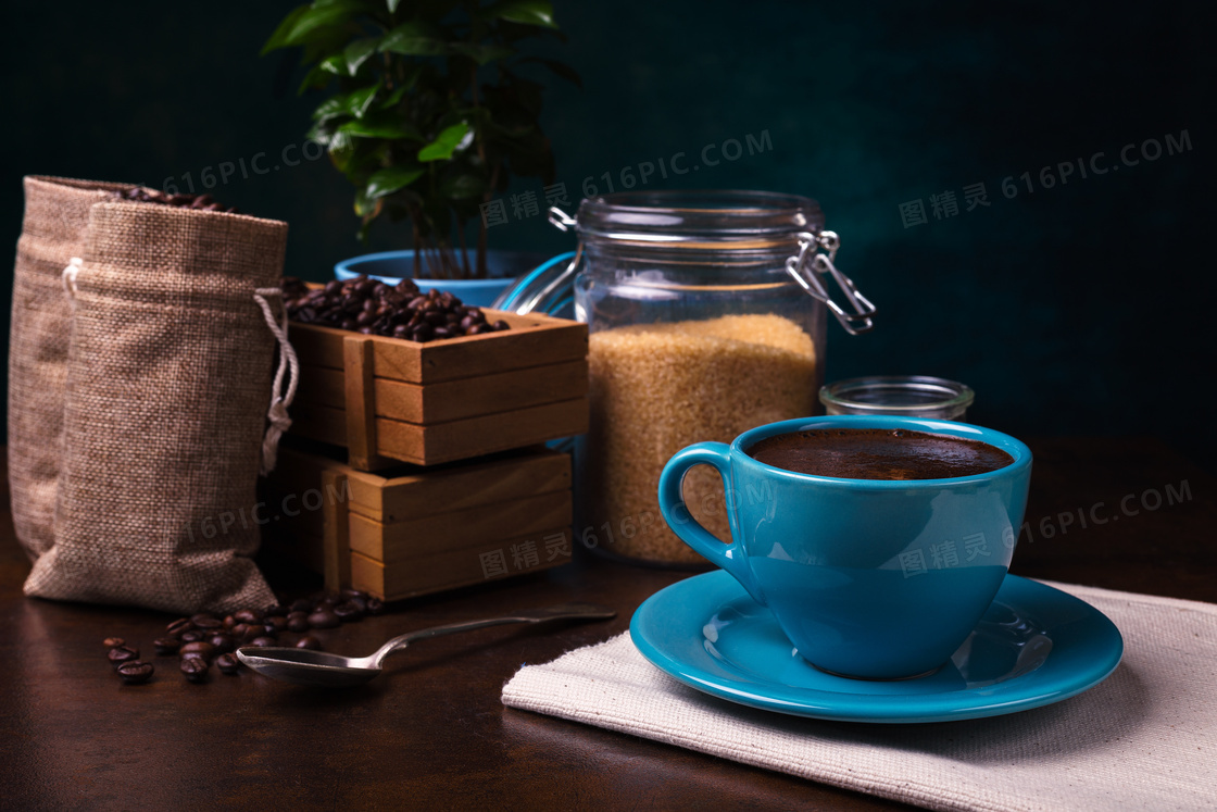 红糖罐子与一杯咖啡等摄影高清图片