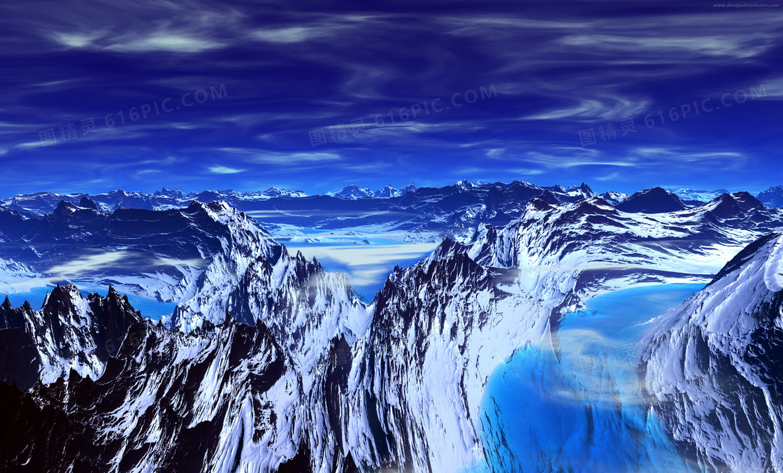 蓝天下的雪山山顶美景摄影图片