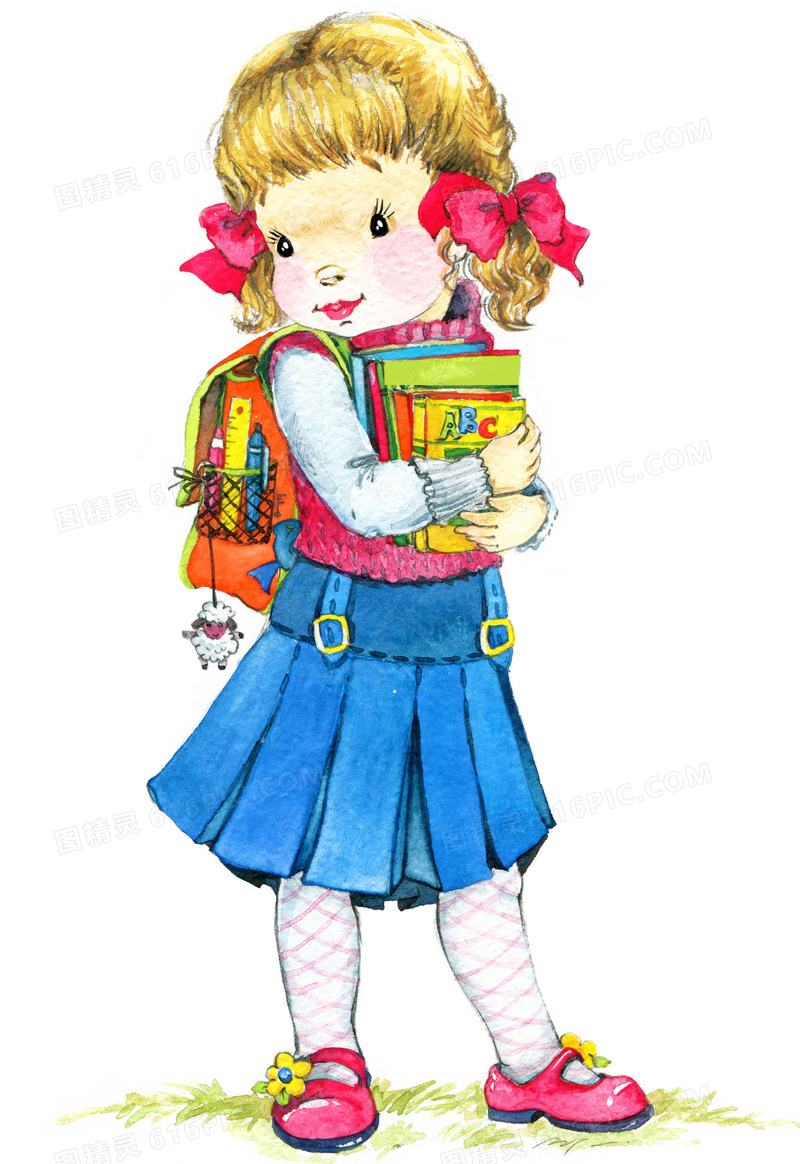 背书包抱着书本的女孩绘画高清图片