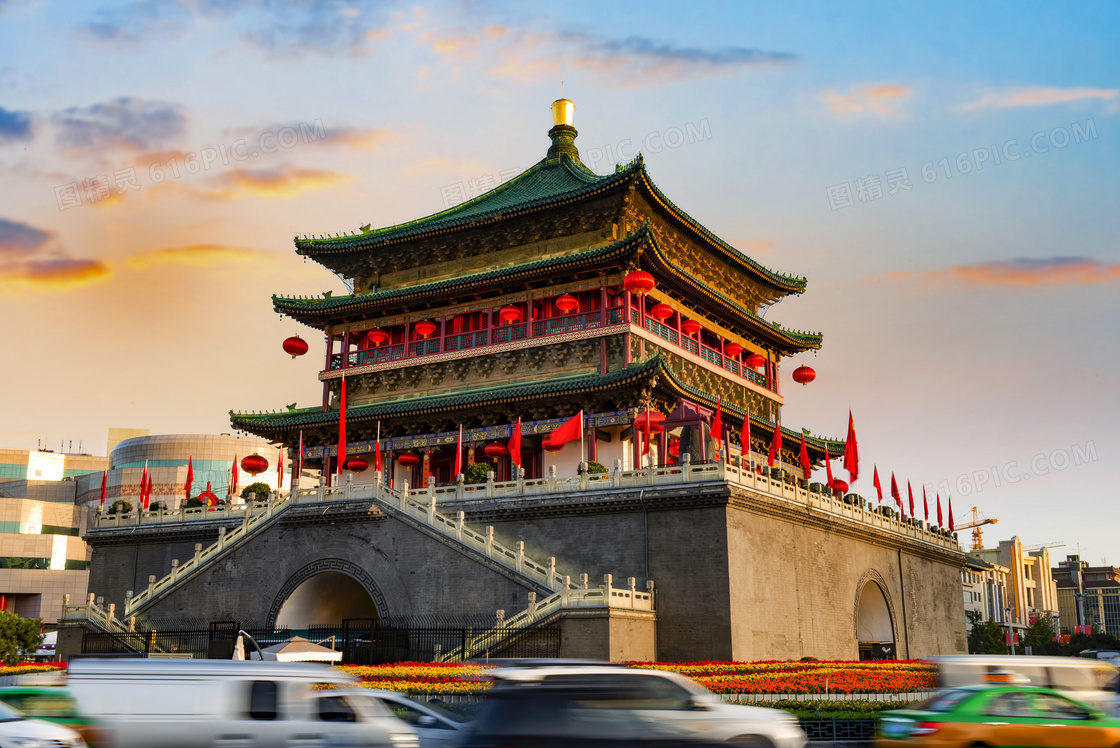 黄昏时分城楼旅游风光摄影高清图片