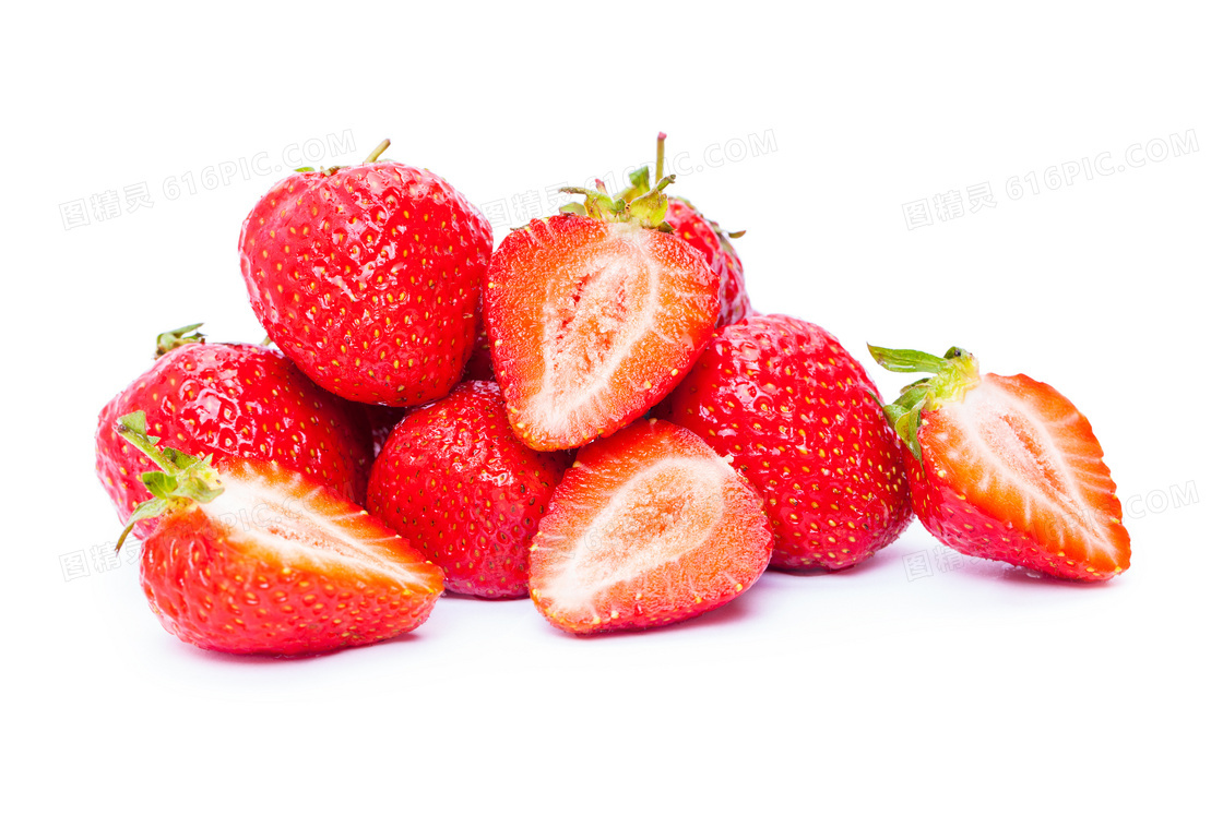 完整与切开的草莓特写摄影高清图片