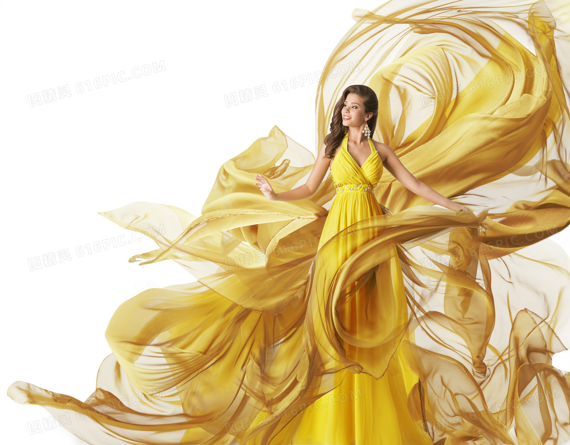 黄色裙装卷发美女人物摄影高清图片