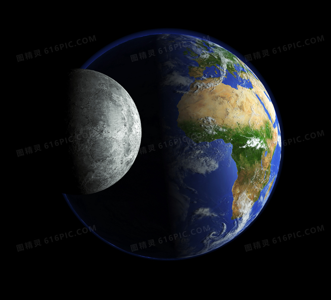 蓝色星球与灰色的月球创意高清图片