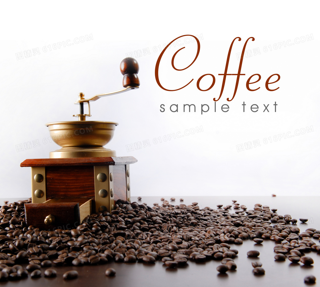 咖啡豆与咖啡研磨机等摄影高清图片