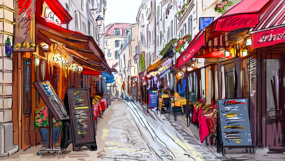 街头咖啡馆店铺手绘画创意高清图片