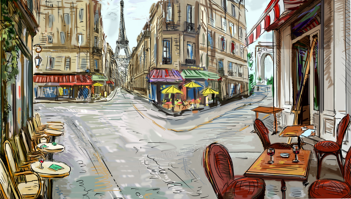 手绘风格法国巴黎城市街头高清图片