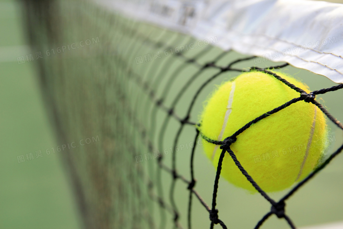 撞到网带上的网球特写摄影高清图片