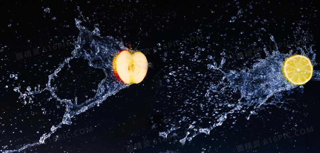 水花与切开的柠檬苹果摄影高清图片