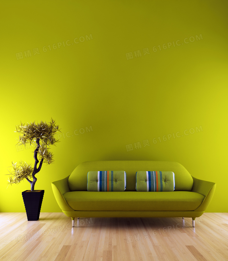 室内盆景与绿色沙发凳摄影高清图片