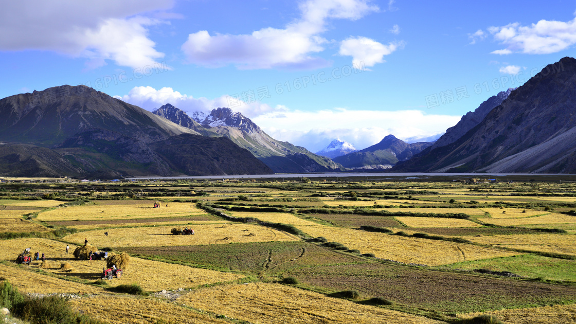 西藏唯美的山峰和农田摄影图片