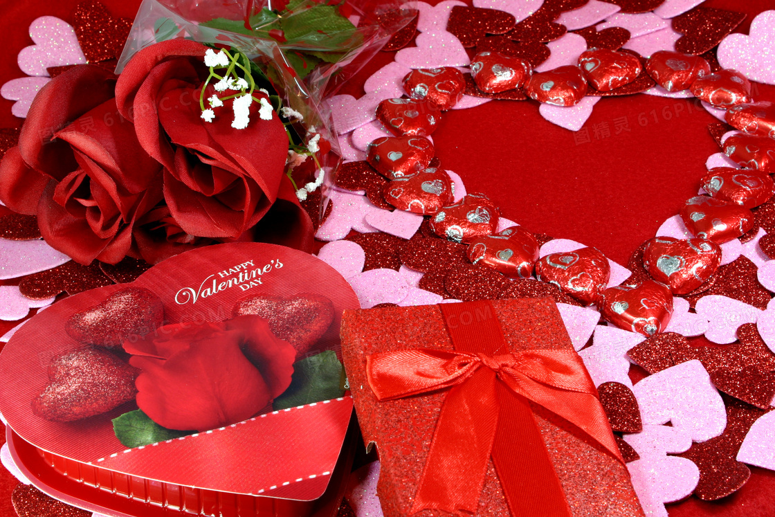 玫瑰花朵与礼物盒等情人节高清图片