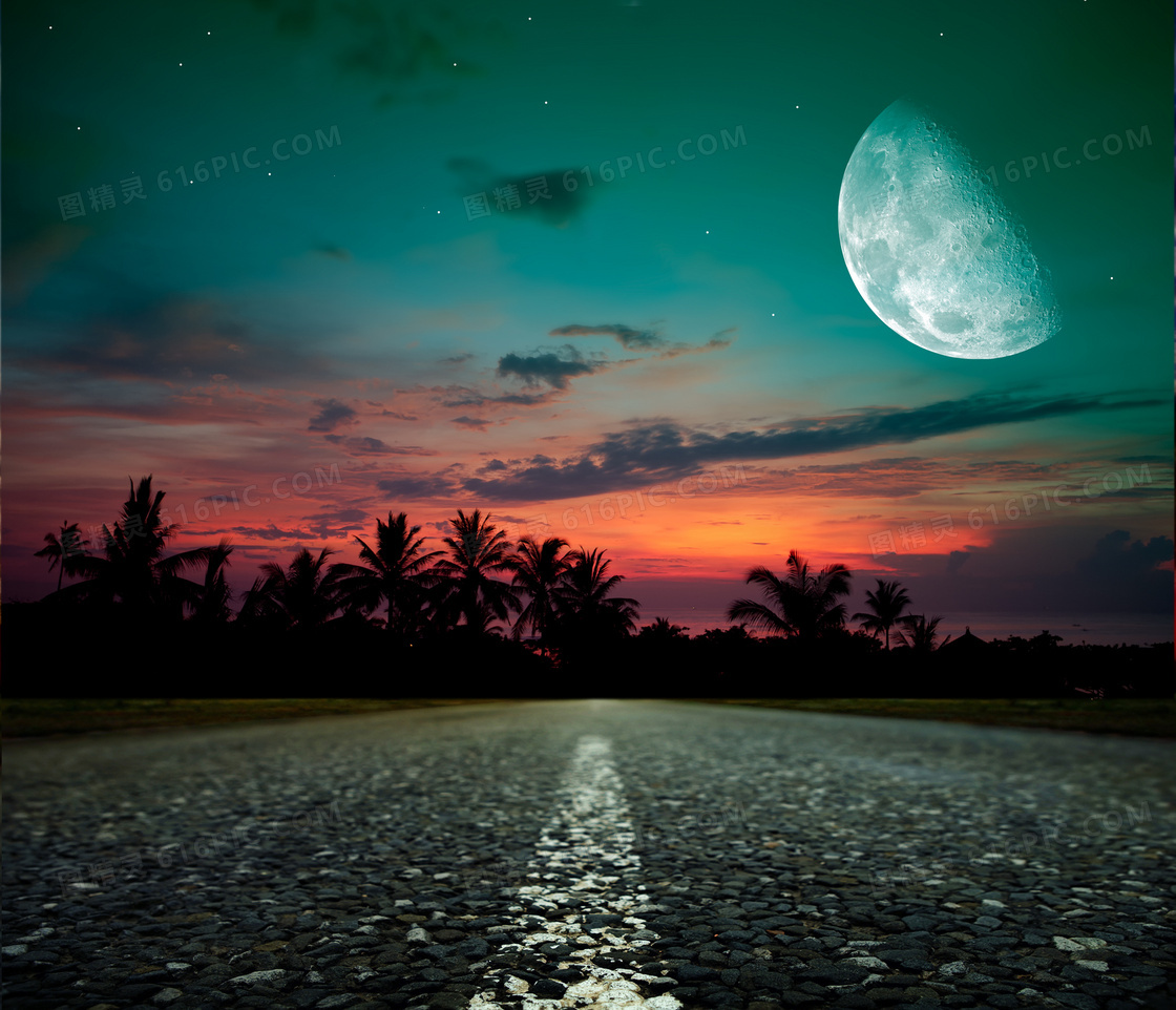 星空月亮云彩与公路等摄影高清图片