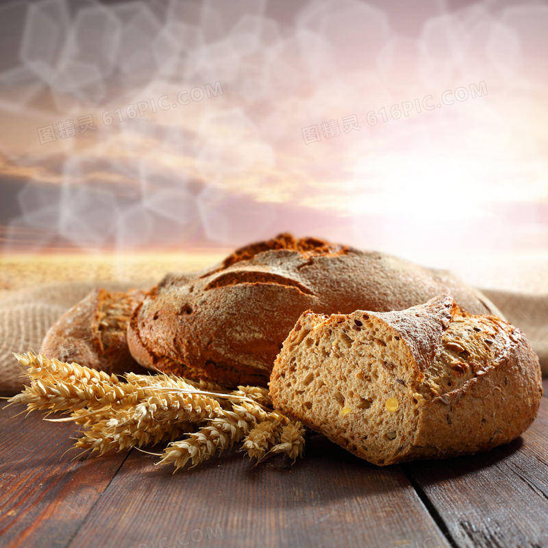 小麦穗与健康全麦面包摄影高清图片