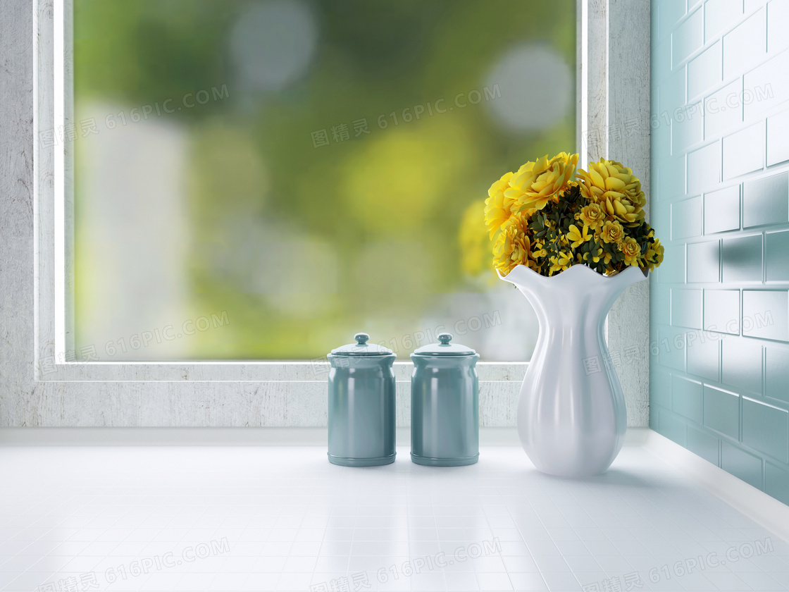 靠窗摆放的花瓶与杯子渲染高清图片