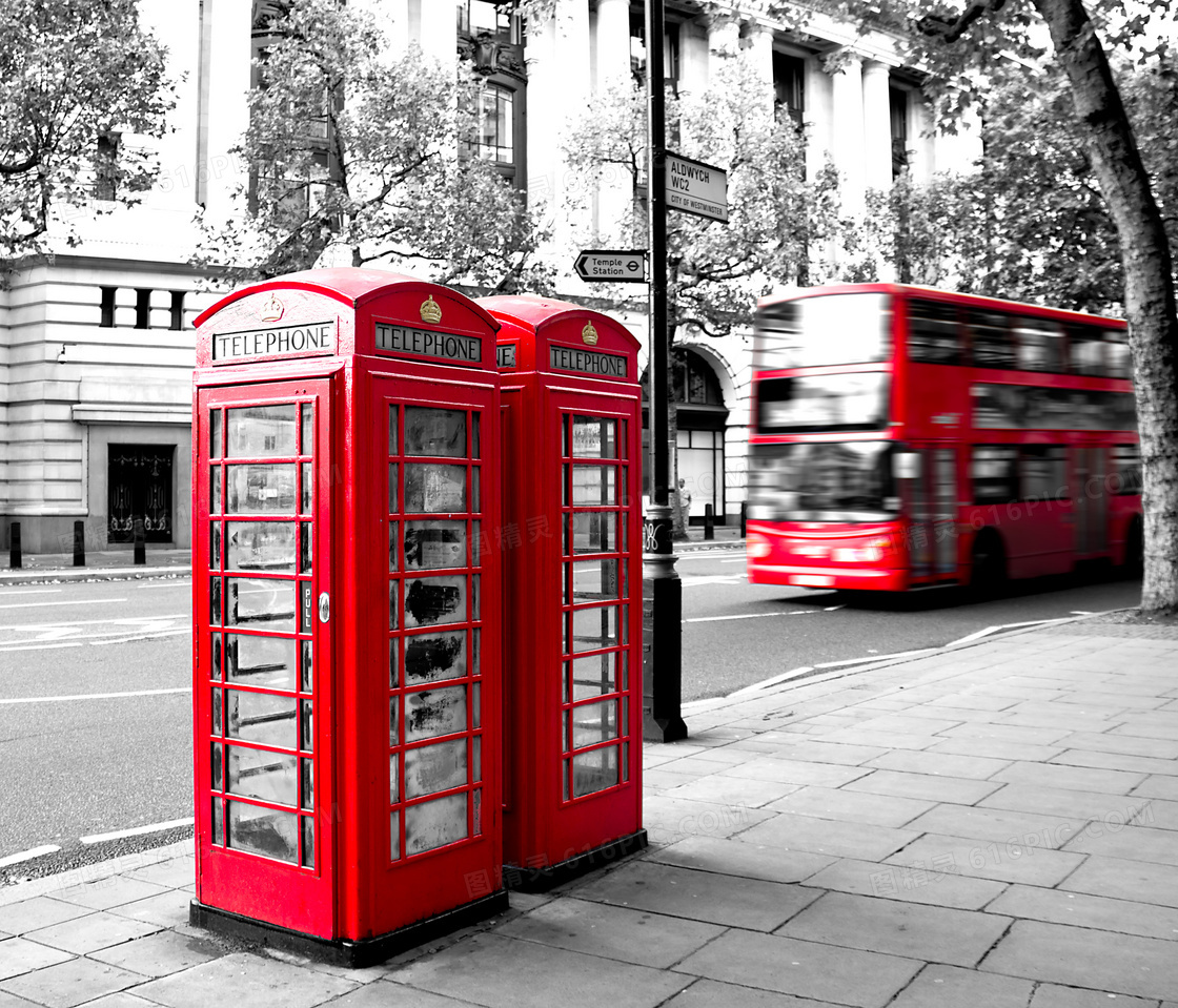 伦敦街头的电话亭巴士摄影高清图片