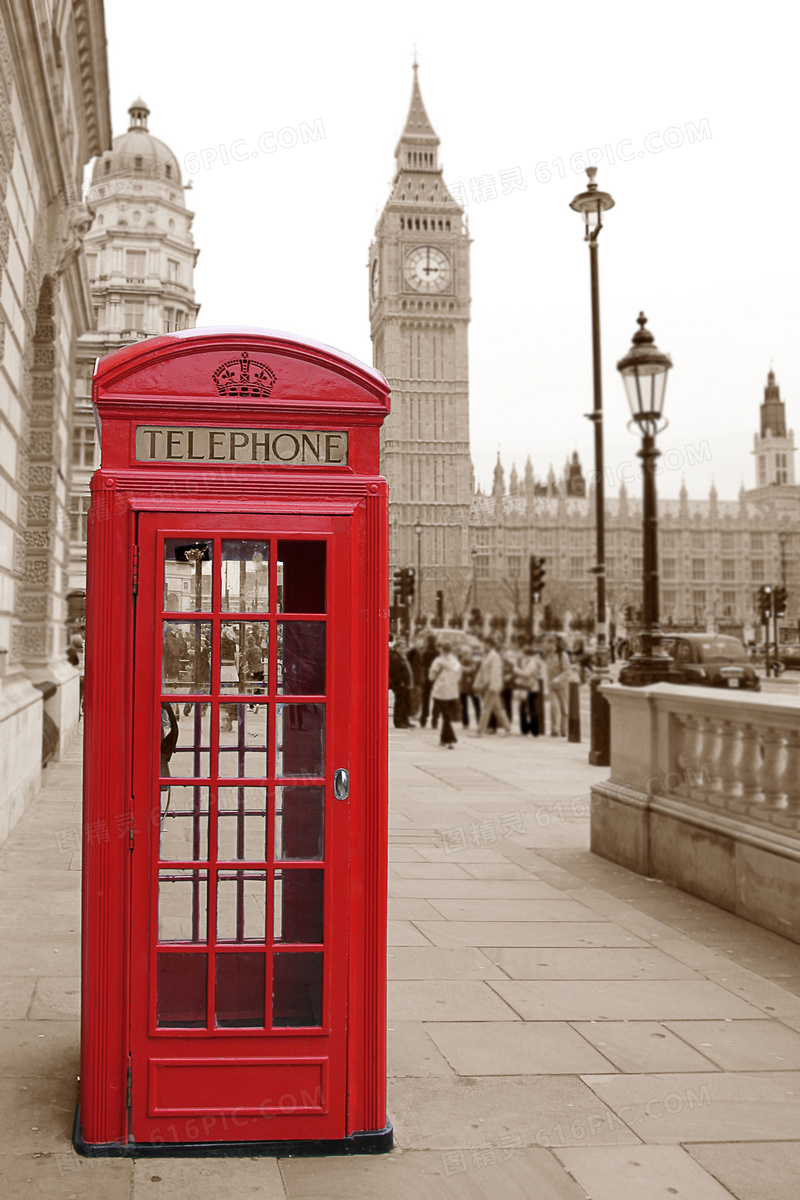 英国伦敦红色的电话亭摄影高清图片