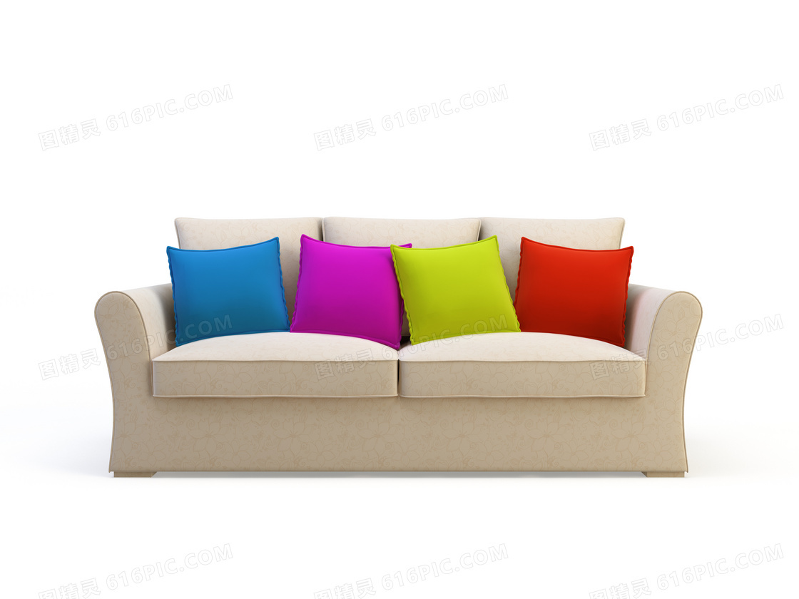 米色沙发上的彩色抱枕摄影高清图片