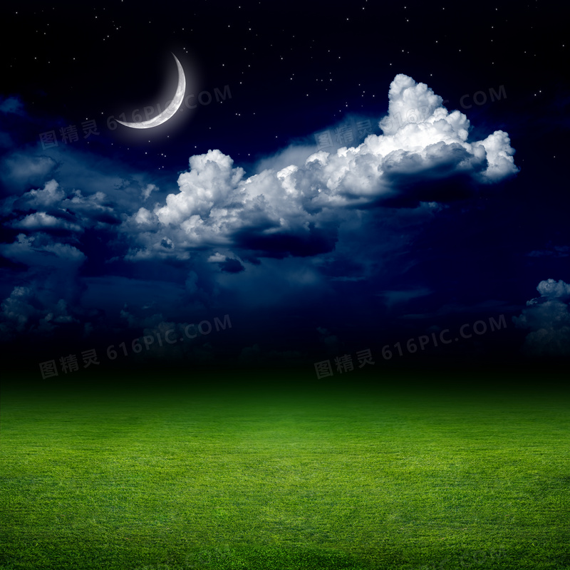 青青的草地与夜空中的月亮高清图片