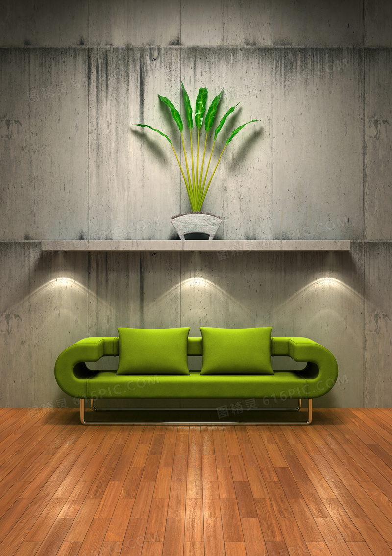 沙发木地板与植物花盆摄影高清图片