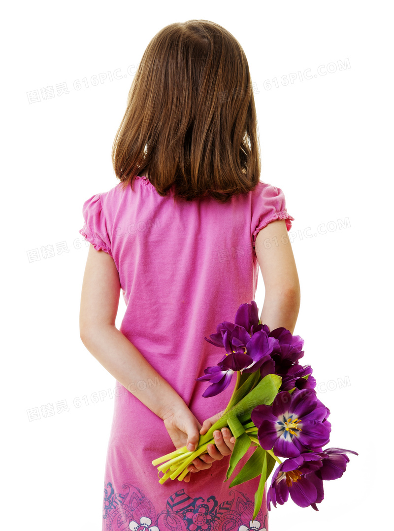手拿鲜花的小女孩背影摄影高清图片