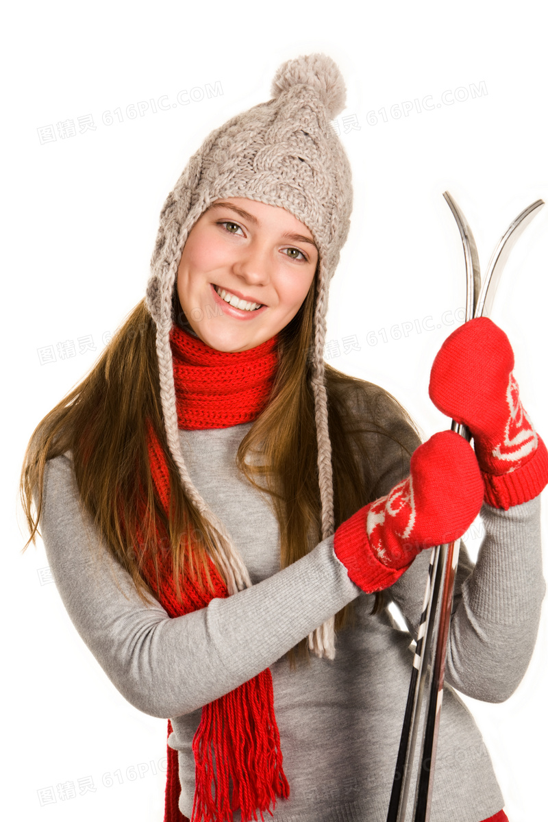 头戴编织帽的冬装女孩摄影高清图片