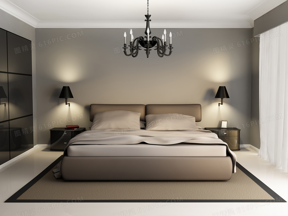 卧室里的大床正视图渲染高清图片