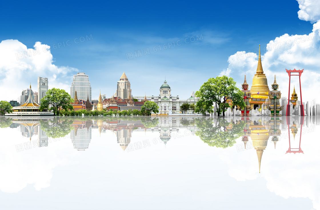 蓝天白云泰国风格建筑创意高清图片