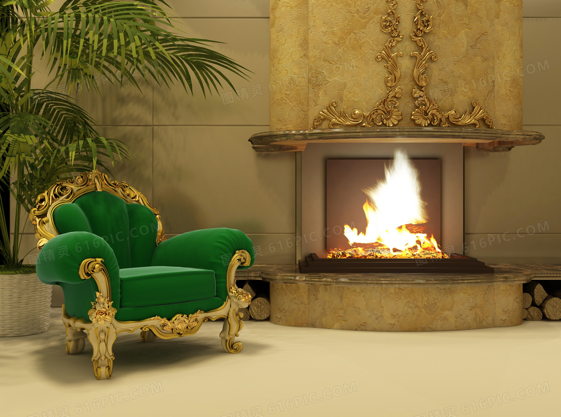 欧式室内沙发火炉渲染效果高清图片