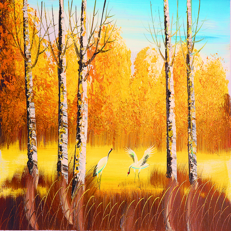 树林中的仙鹤油画设计图片素材