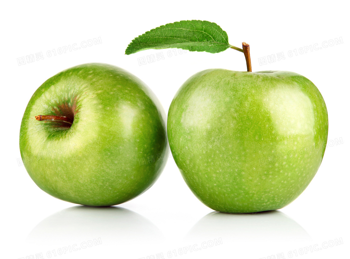 鲜嫩水灵的两个青苹果摄影高清图片