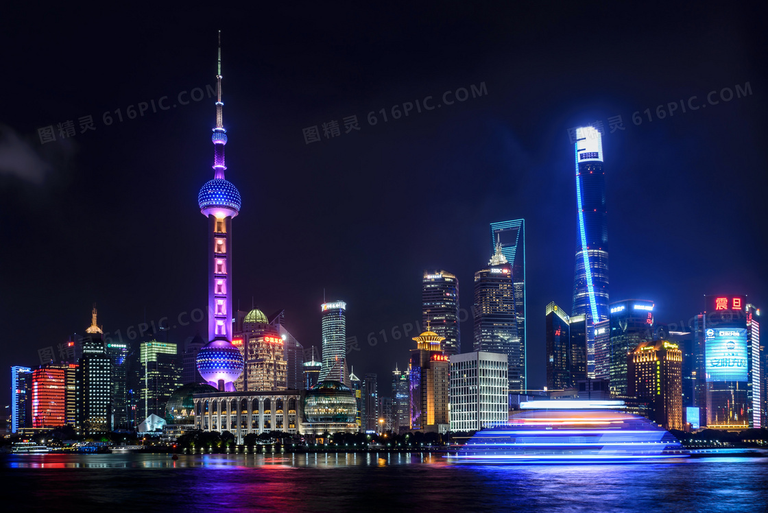 浦东建筑群炫丽灯光秀摄影高清图片