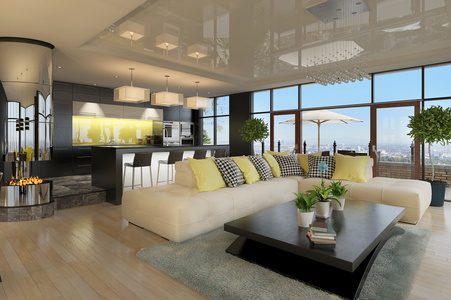 别墅宽敞房间内景陈设摄影高清图片