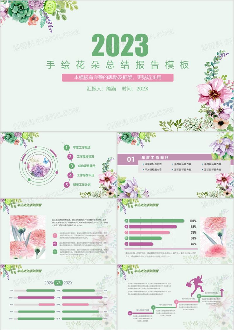 2023手绘花朵总结报告PPT模板