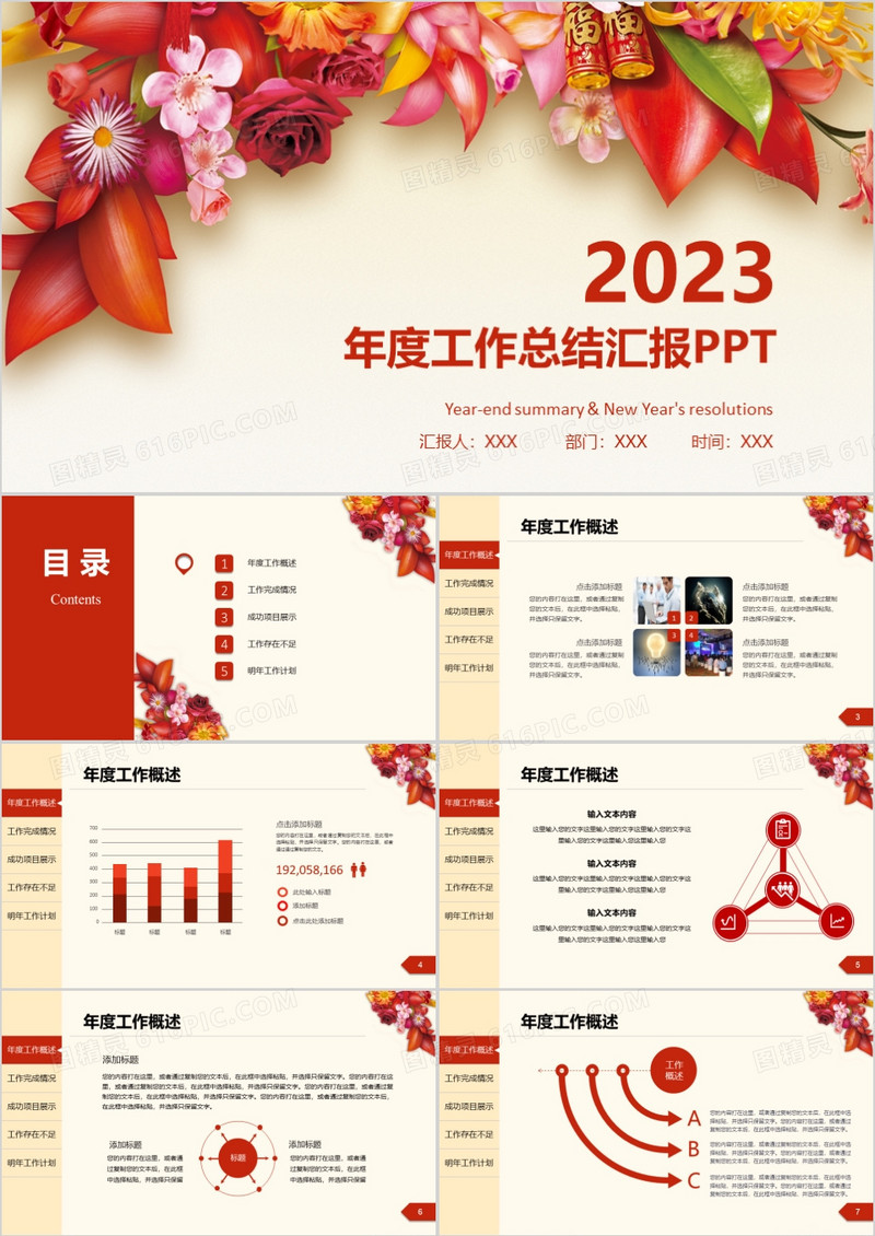 2023红色花背景年度工作总结汇报PPT模板